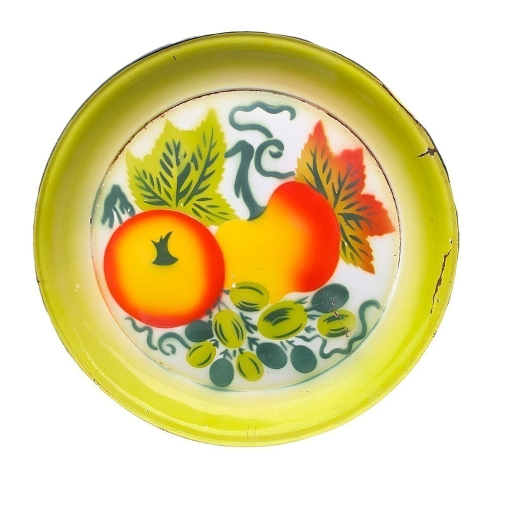 Vintage Graniteware Fruit Apple Peach Lime Green Red Orange Enamel Round Platter